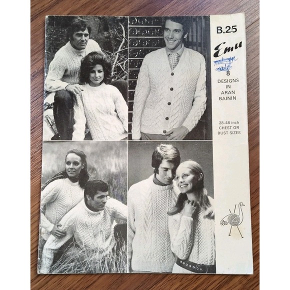Emu Sweaters - 1970s Emu Aran Book of Traditional Designs B.25 Sweater Knit Pattern Fisherman